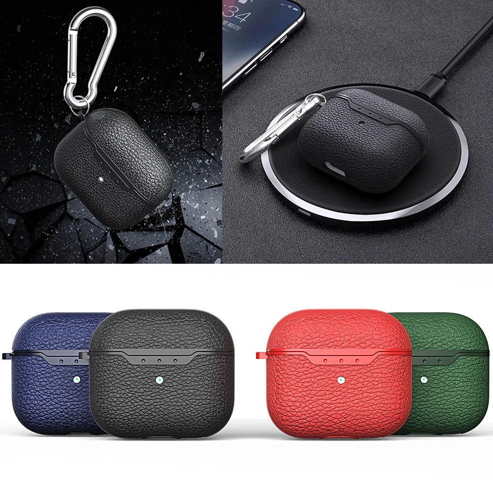 Luxury Litchi Pattern Leather Case For Apple Airpods 4 Pro 2nd Earphone Cover For AirPod 1 2 3 Shockproof Business Shell Hook