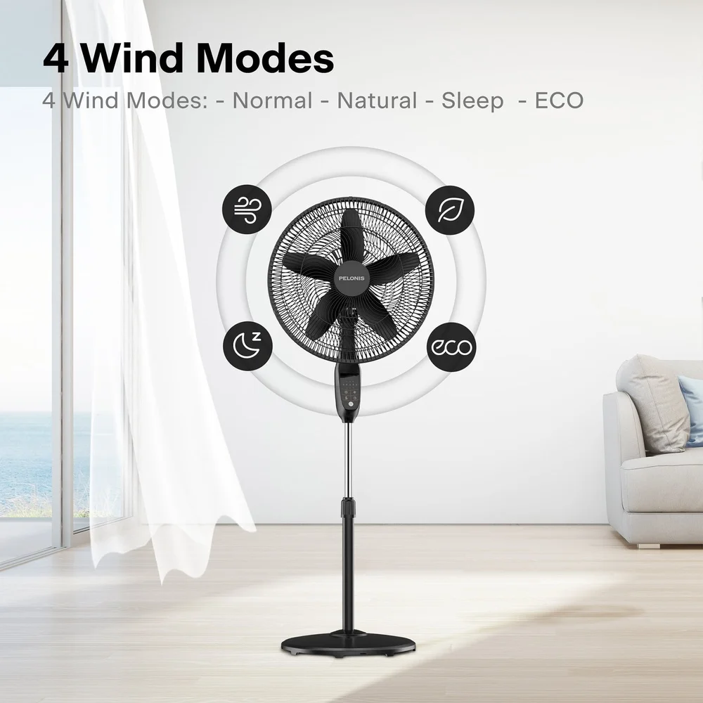 مروحة بقاعدة عالية السرعة مقاس 18 بوصة، 5 إعدادات للسرعة، 5 مؤقت متأرجح شفرات، ارتفاع قابل للتعديل مع شاشة LED وإمالة