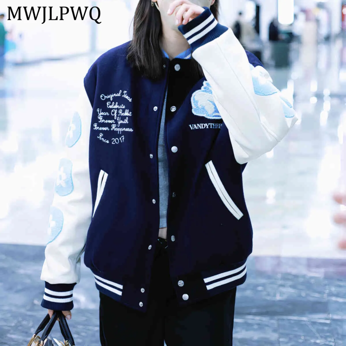 

MWJLPWQ American Embroidered Baseball Jacket Unisex High Street Stand Collar Single Breasted Casual Trend Autumn Loose Top 11177