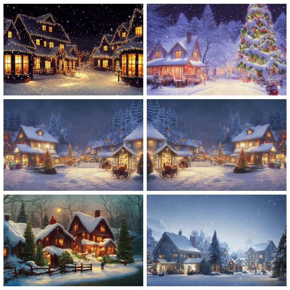 

Christmas Snow Village Backdrop House Lights Forest Snowfield Xmas Tree Kids Portrait Family Party Photography Background Decor