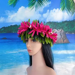 Diadema de flores Haku Leis, corona de hojas de seda expandible con lirios de araña y aliento de bebé, corona de cabeza de tahitiana hawaiana Lei