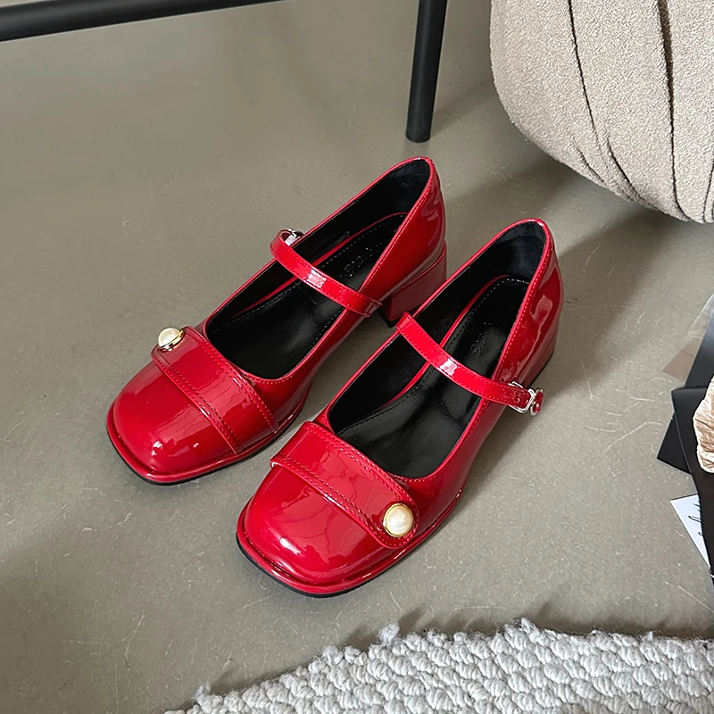 

Round Toe Mid Heel Mary Jane Women Shoes Red Thick Heels Women's Pumps Buckle Patent Leather Summer JK Women Shoes Lolita Girls