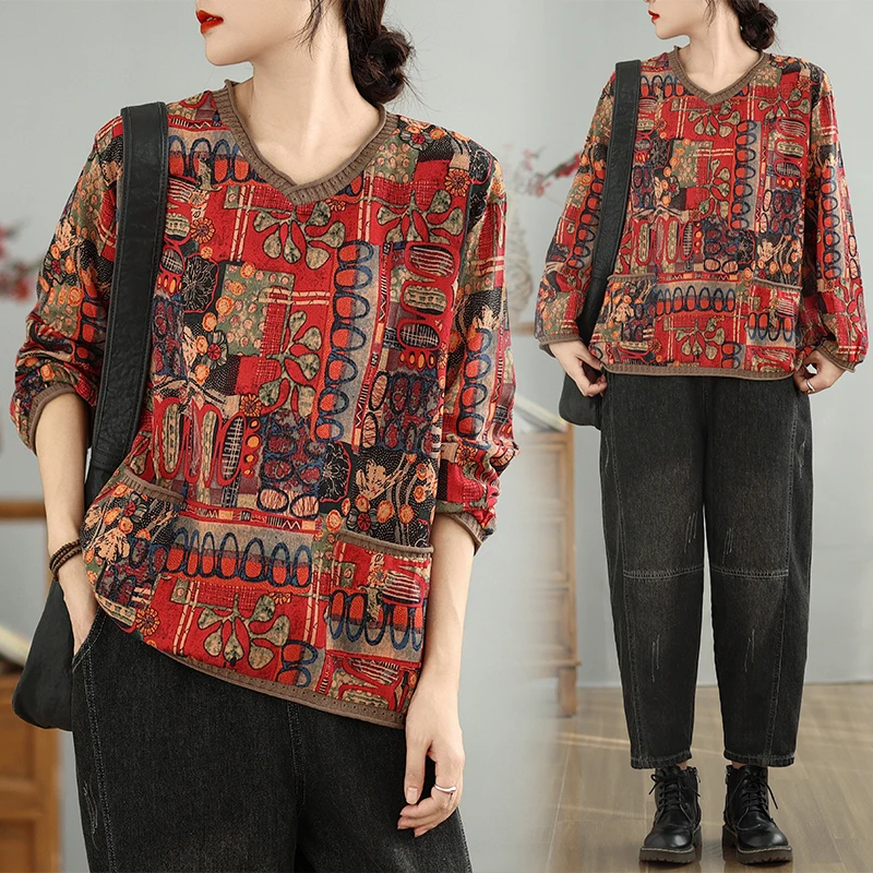 Soft plus Size V-Neck Cotton Linen Print T-Shirt Loose Versatile Top Thin Long Sleeve Shirt Button Ladies Fashion Pear Shape