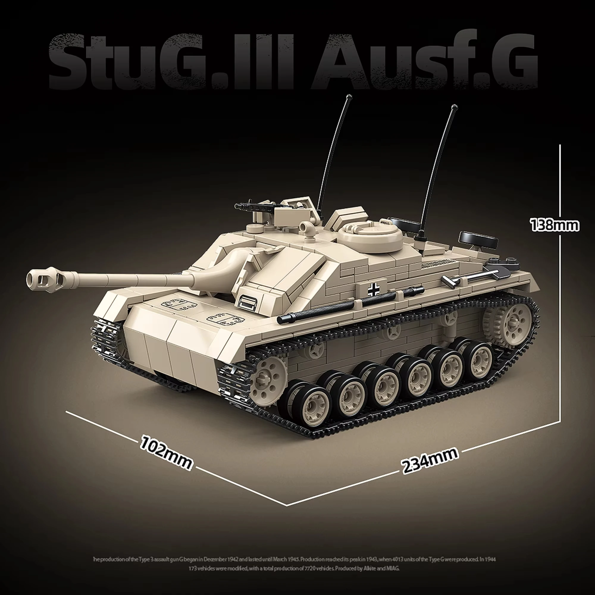 WW2 النموذج الكلاسيكي العسكري Sturmgeschütz III Ausf. مكعبات بناء دبابة G مع 4 جنود وألعاب أسلحة لهدايا عيد الميلاد للأطفال