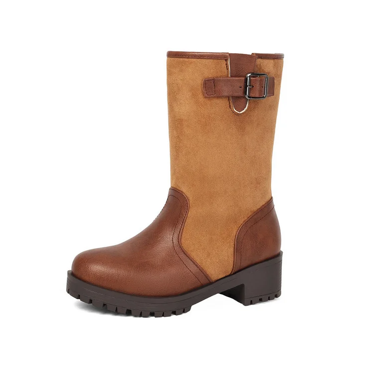 Women's Boots Suede Mid-Calf Boots for Women Buckle Strap Chunky Platform Heel Round Toe Comfy Winter Vintage Riding Booties