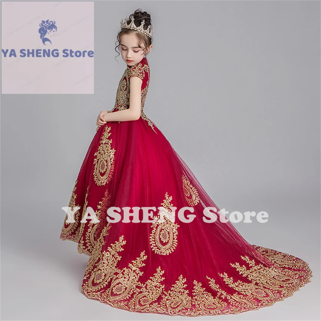 Blumen mädchen Kleider Juwel Hals Ballkleid Gold Spitze Applikationen Perlen Kinder Mädchen Festzug Kleid Sweep Zug Geburtstags kleider