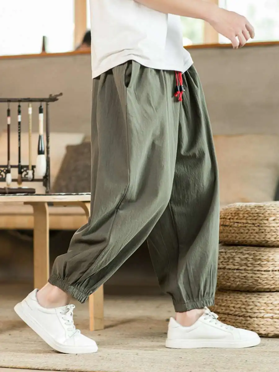 

Мужские повседневные хлопковые и льняные брюки Harlan, свободные брюки с большим шаговым швом, спортивные брюки с девятью точками, летние брюки со средней талией и веревкой