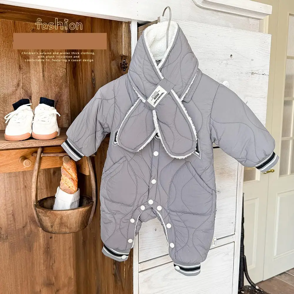 2025 Winter New Baby Long Sleeve Fleece Romper + Scarf Infant Boy Lapel Letter Jumpsuit Plus Velvet Thick Toddler Warm Clothes