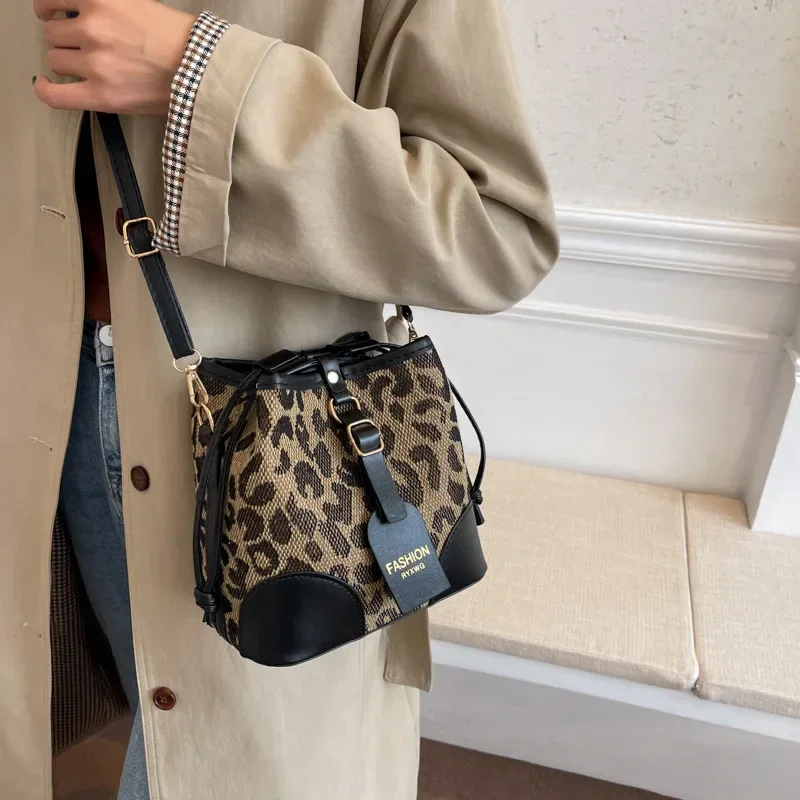 Leopard Small PU Leather Women Bucket Crossbody Bags 2024 Fall Designer Shoulder Bag Luxury Brand Ladies Handbag Lady Trend Tote