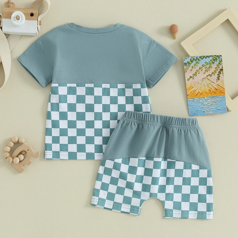 

Toddler Boys Summer Shorts Sets Short Sleeve Checkerboard Print Tops and Drawstring Shorts Sets