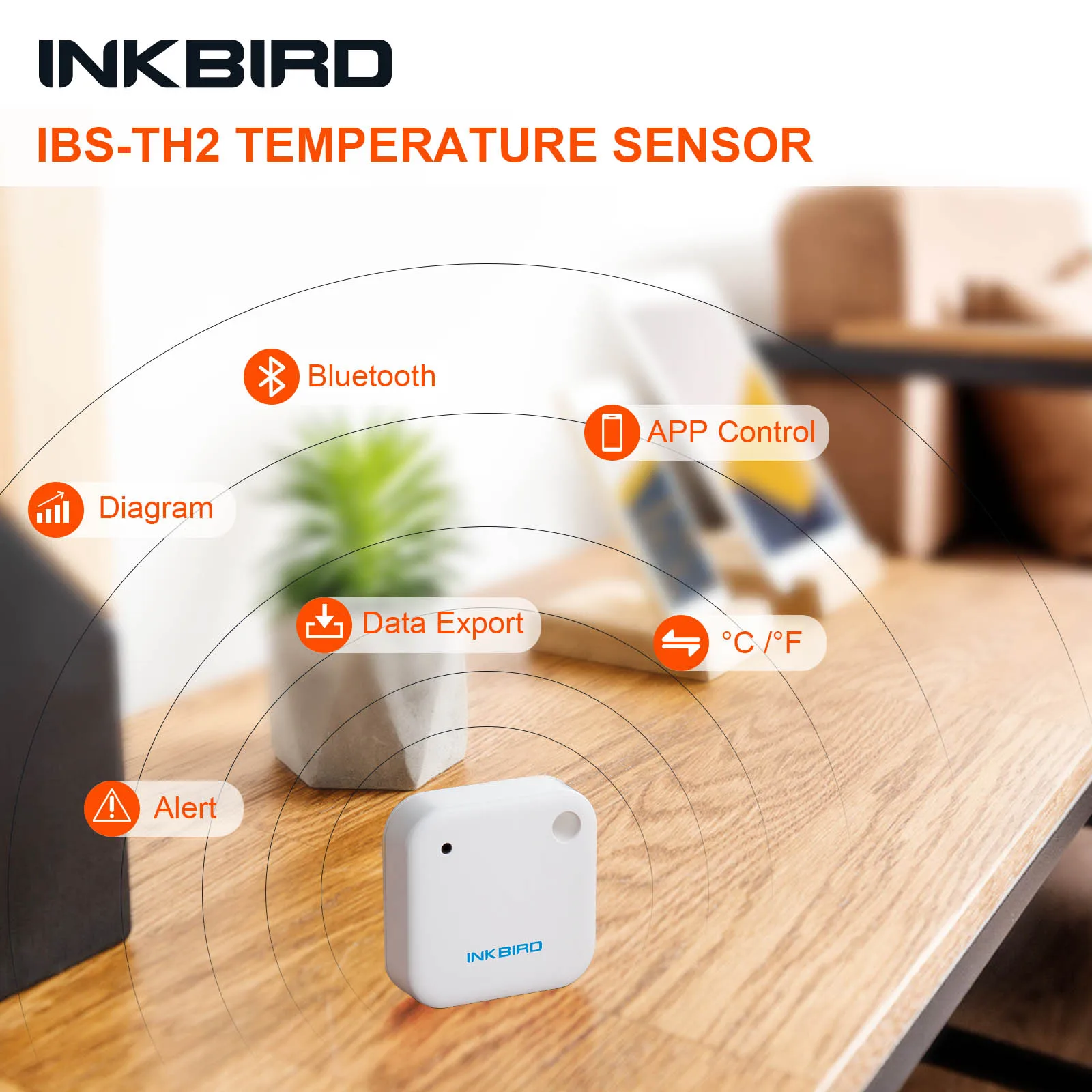 INKBIRD IBS-TH2 Bluetooth Magnetic Temperature Sensor Indoor IPX4 Waterproof Remote Control Thermometer Gauge with Alarm