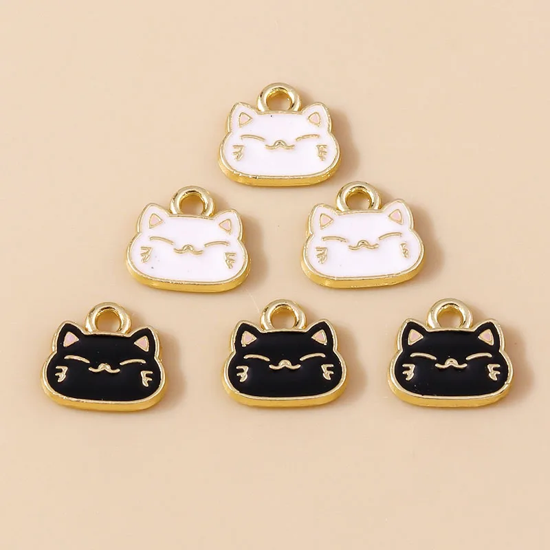 10pcs 10*9mm Cartoon Enamel Mini White Black Cat Charm Pendants for Necklaces Earrings DIY Handmade Jewelry Making Accessories
