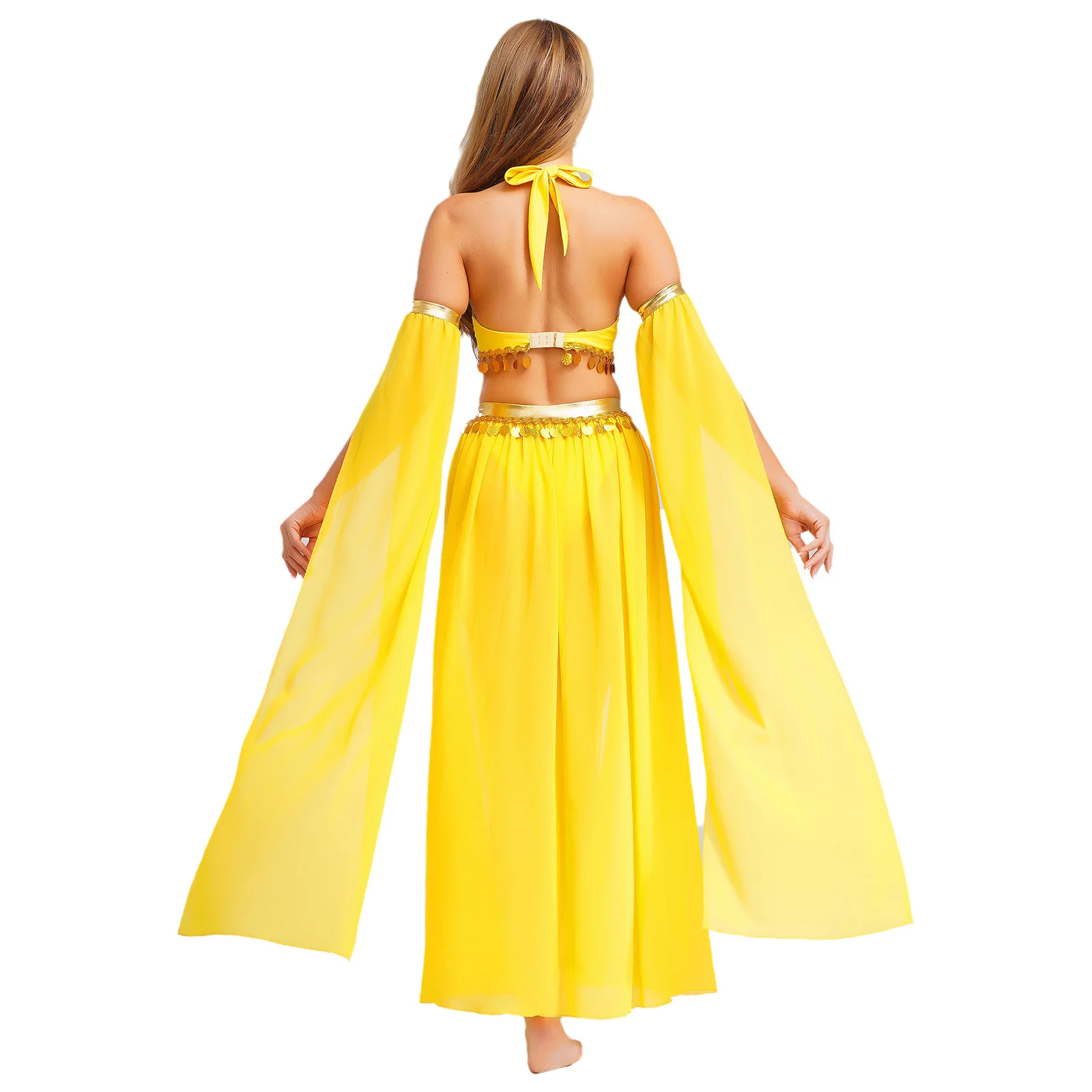 Arabisches orientalisches indisches Zigeuner-Bauchtanzkostüm für Damen, Halloween-Outfits, bauchfreies Top mit Paillettensaum und seitlichem Schlitz-Chiffonrock