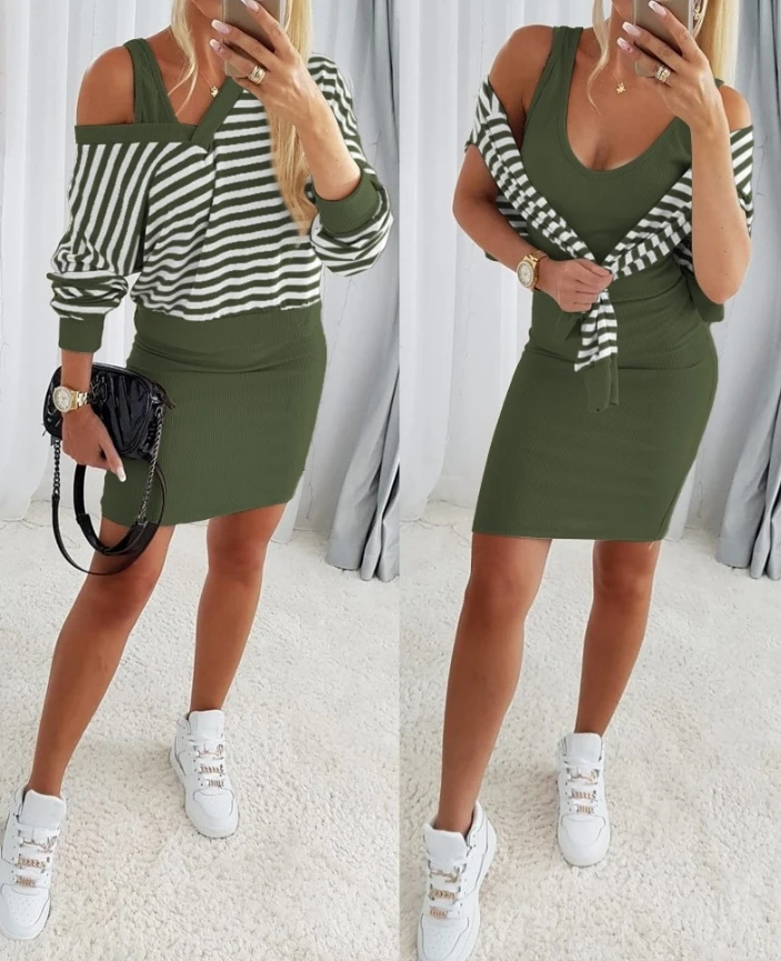 

New Striped V-Neck Long Sleeved Sportswear and Thick Waisted Tight Mini Dress Set for Middle-Aged and Young Girls In Stock