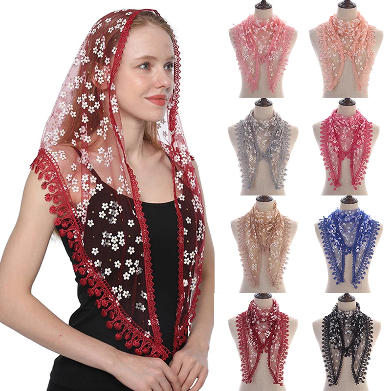 160*50cm Women Tassel Triangle Scarf for Church Prayer Shawl Embroidered Lace Veil Floral Headcovering Veils for the Church\'s