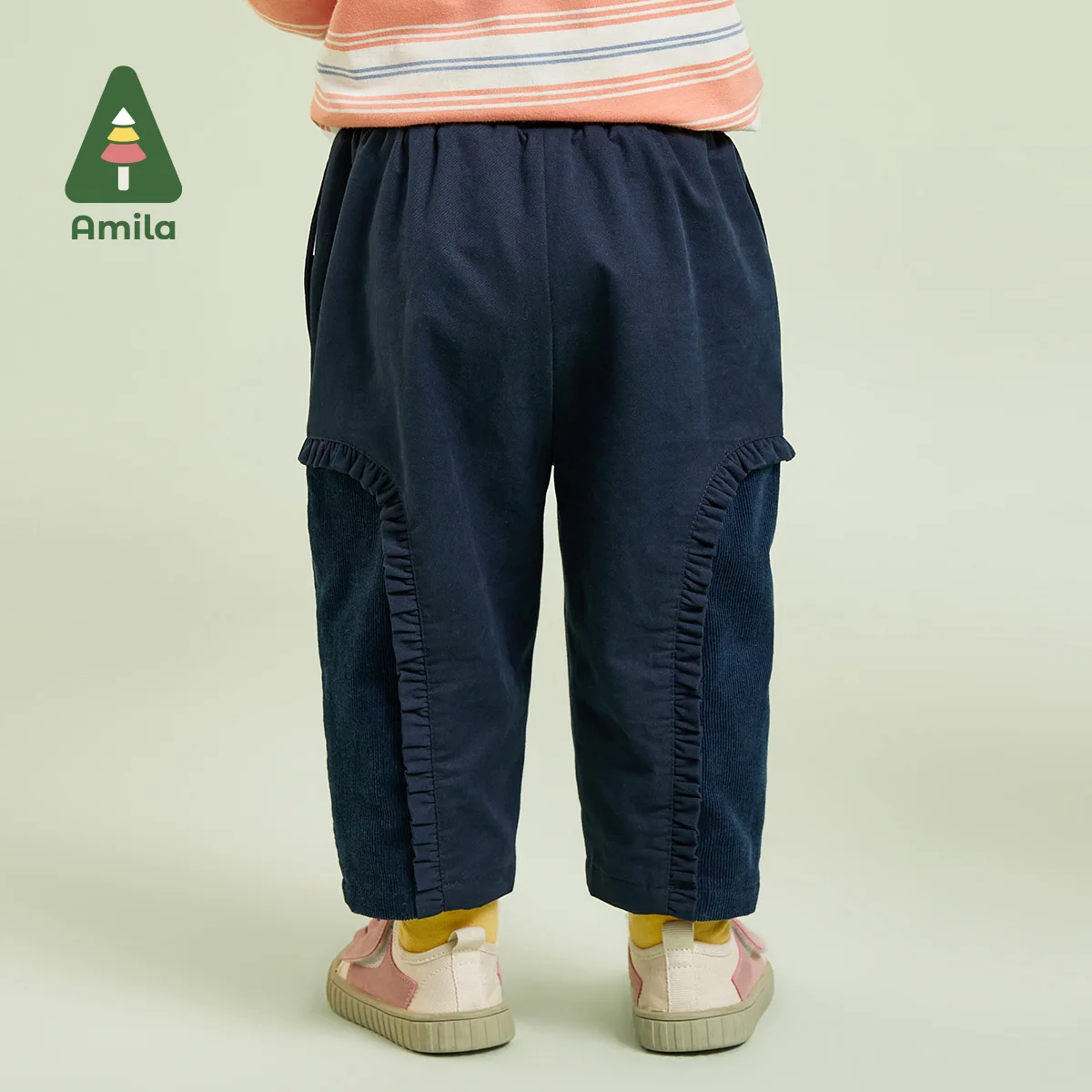 Amila Baby Girl Versatile Pants 2023 Autumn New Patchwork Embroider Corduroy Fashion Warm Casual Trousers Children\'s Clothes