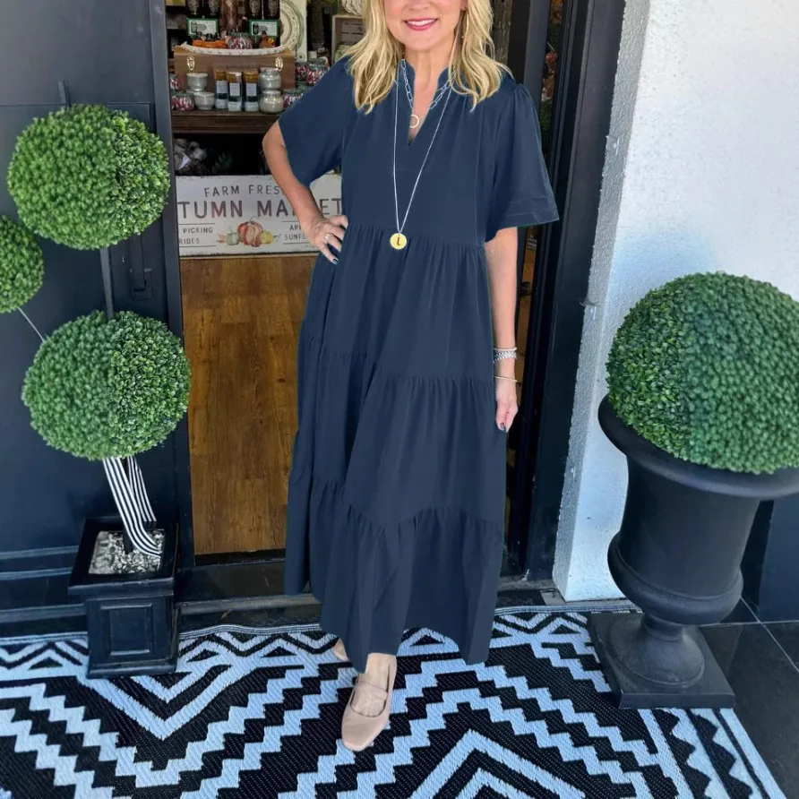 Nova moda feminina com decote em v em camadas bolso comprimento médio vestido feminino cor sólida manga curta solto vestido casual feminino