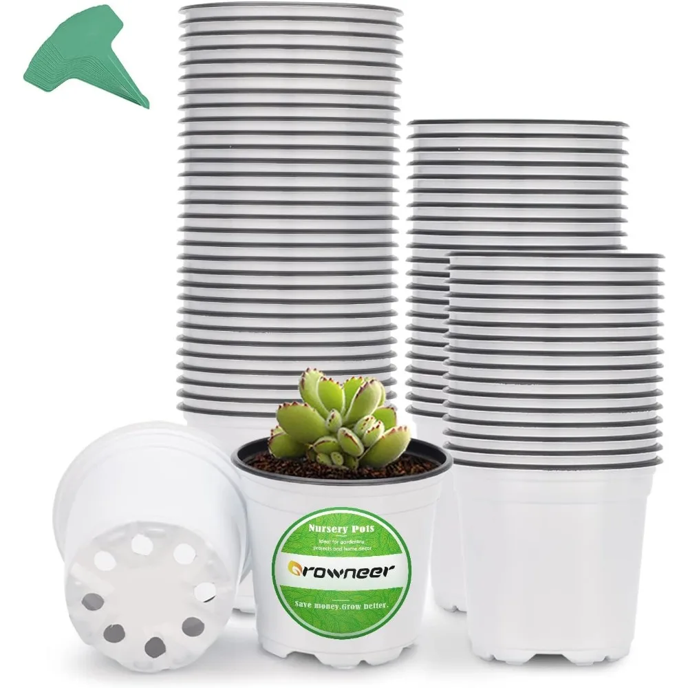 

60 Pack 4 Inch Thick Plastic Nursery Pots with 15 Plant Labels, White Seedling Starter Set for Indoor Outdoor Flower Pl