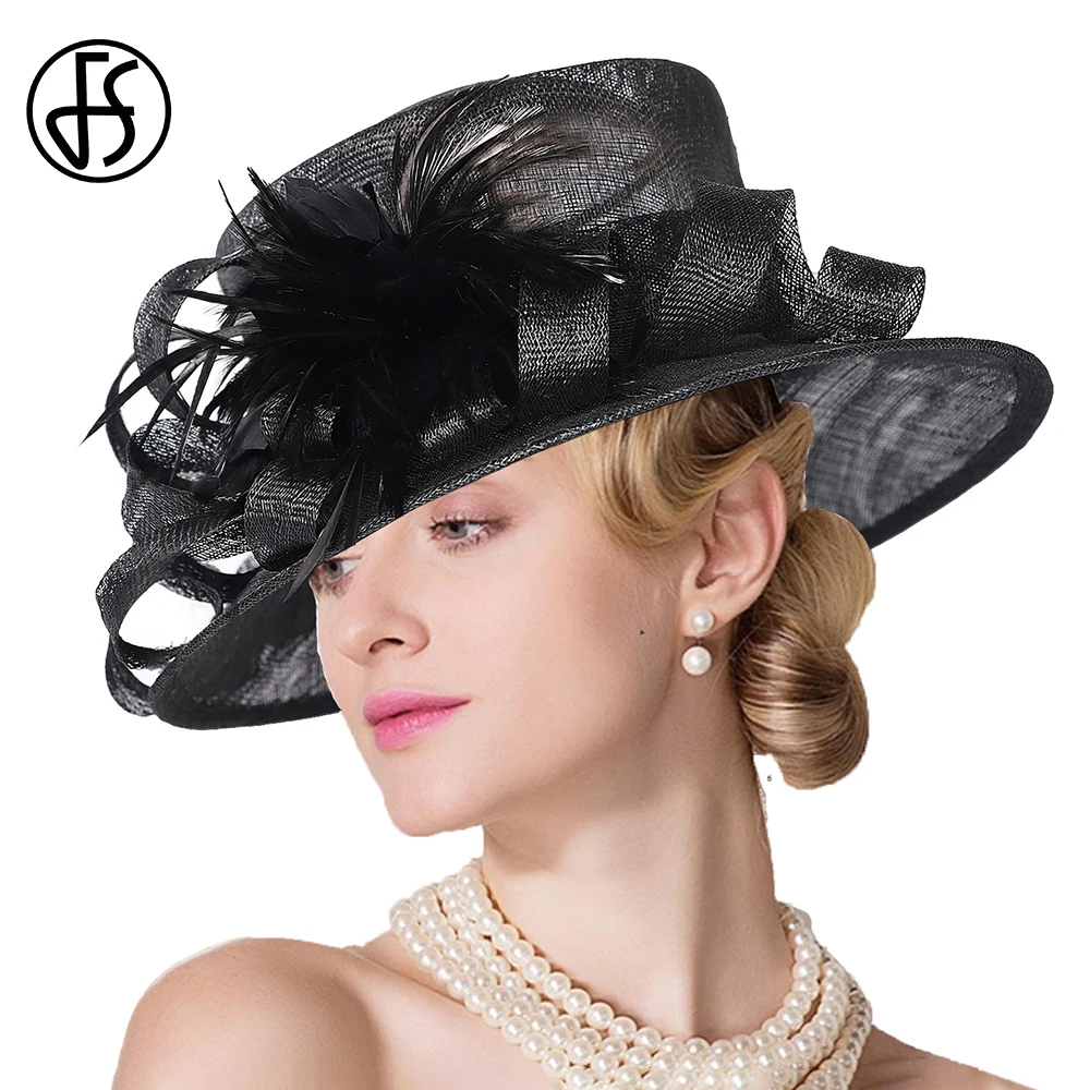 

FS Wedding Bridal Derby Hats For Women With Feather Sinamay Bowler Hat 2024 Summer Beach Sun Protection Cap Chapeau Femme Style