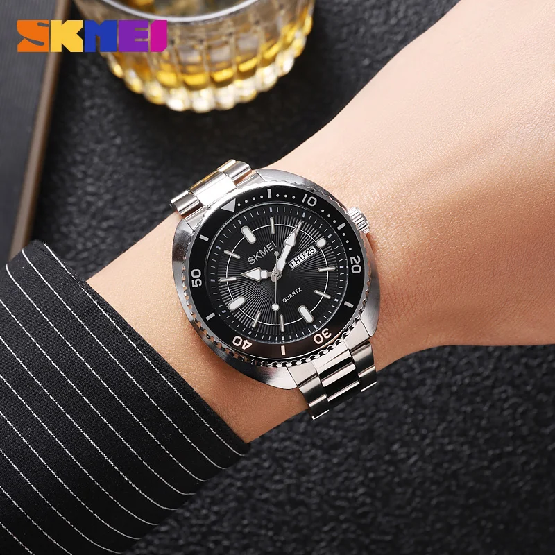 SKMEI-Men ساعة يد كوارتز فاخرة ، ساعات ستانلس ستيل ، كاجوال ، وقت ، تاريخ ، أسبوع ، ذكر ، 3 بار ، ضد الماء ، منبه #4