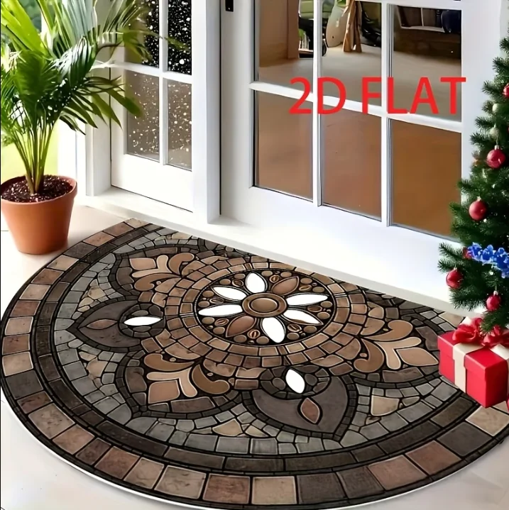 Warm Sunburst Mosaic Half Round Mat Washable Rug Carpet for Entryway Mediterranean Rustic Home Decor Living Room Bedroom Kitchen