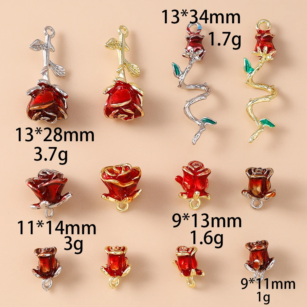 Leslie 5 Stück Emaille-Anhänger aus Legierungsmetall mit roten Rosenblüten für DIY romantische Rosen-Ohrringe für Damen, Schmuckherstellung, Zubehör – Detail 1