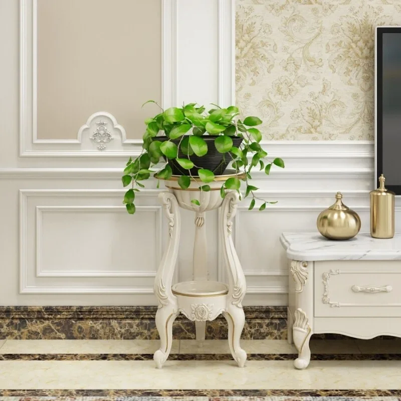 Soporte de flores de estilo europeo, estante para maceta de balcón, soporte para plantas de sala de estar, estante de suelo, maceta de madera maciza de imitación blanca