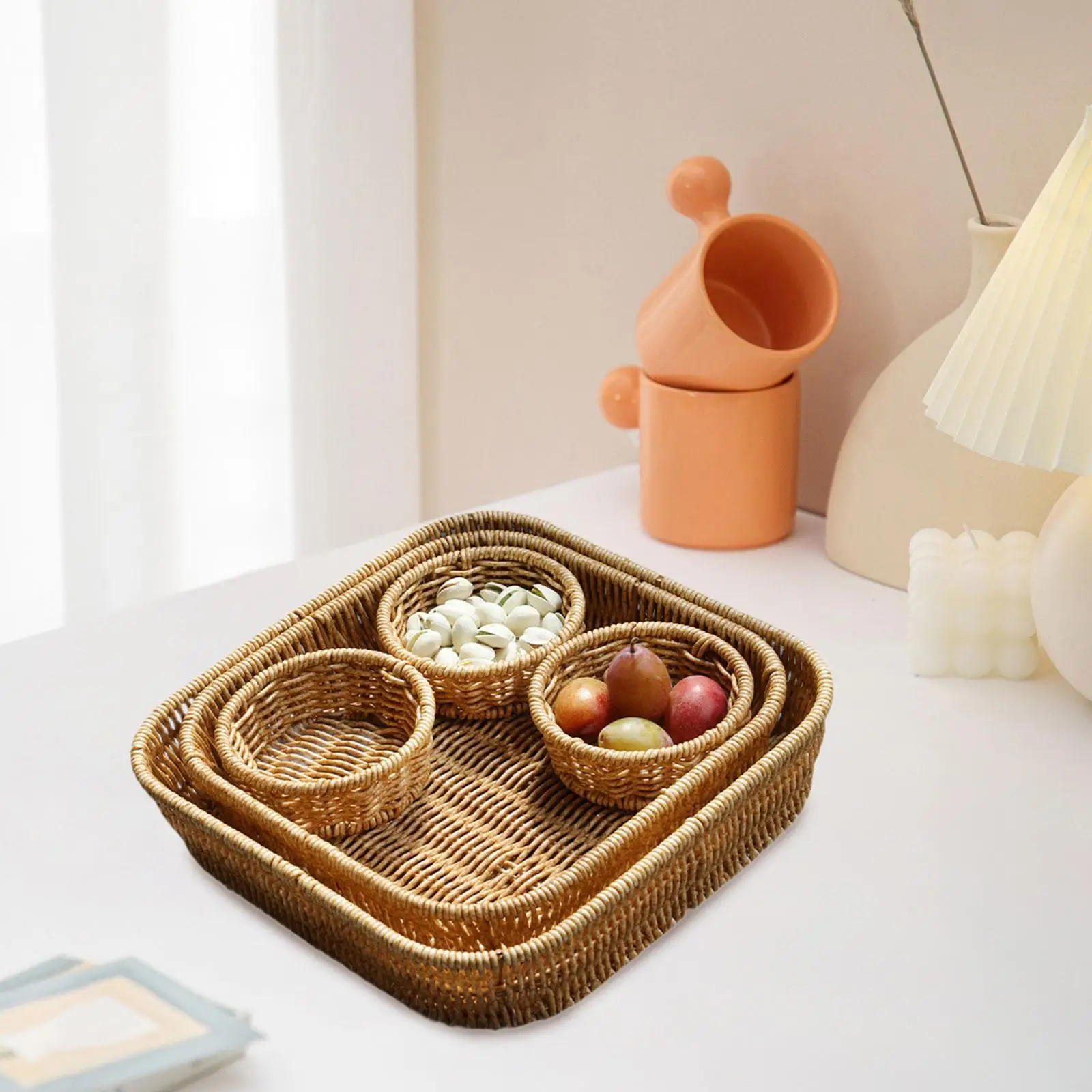 

Woven Fruit Basket Decorative with 4 Grids Tray Nuts Storage Platter Divided