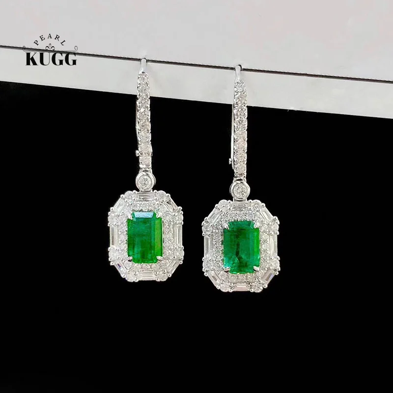 

KUGG серьги из 100% белого золота 18 карат, роскошные элегантные стильные серьги-кольца с блестящими бриллиантами и натуральным изумрудом для женщин, ювелирные изделия для вечеринок