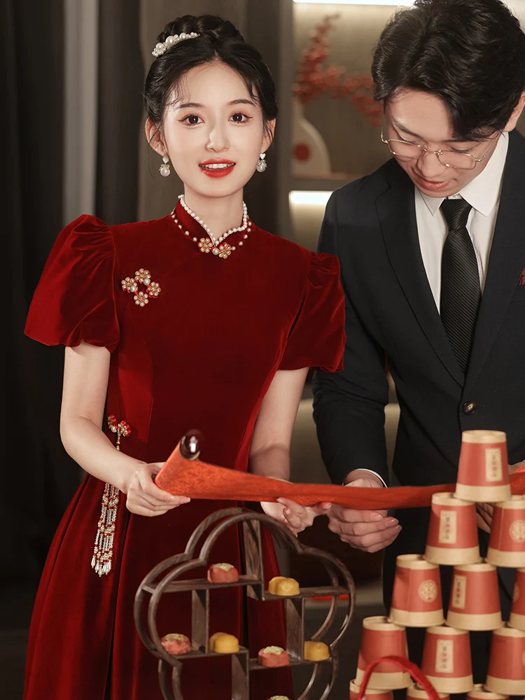 

Red Wedding Dr Chinese Sle Engagement Long Dr Ele Sensation New 2025 New Sle Pure Color Vintage Wind