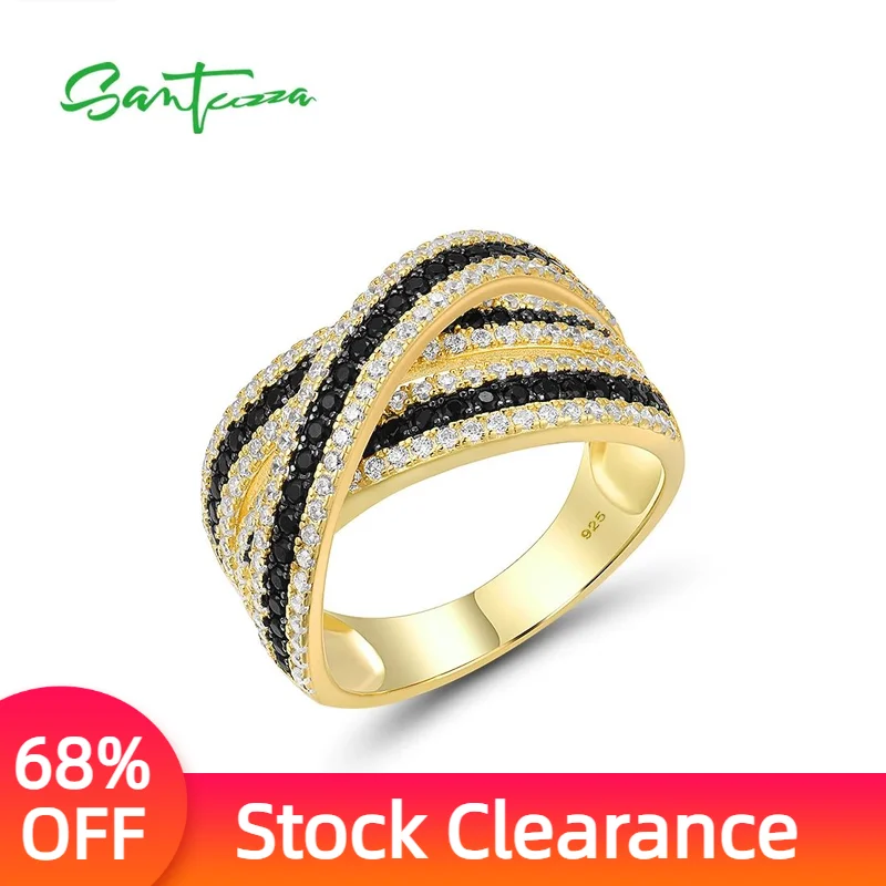 

SANTUZZA Silver Rings For Women Pure 925 Sterling Silver Sparkling Black Spinel White CZ Gold Color Ring Gorgeous Fine Jewelry