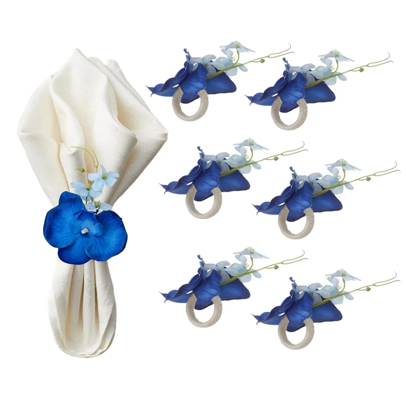 6PCS Handmade Orchid Flower Napkin Rings Blue Flower Holders Handcraft Serviette Buckles Rings For Wedding Table Decor