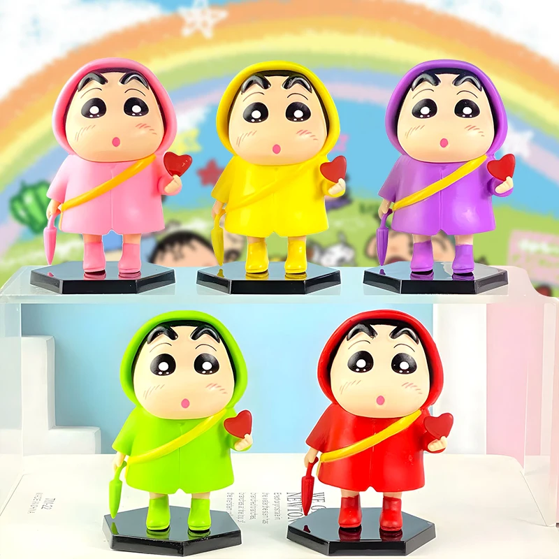 5pcs Crayon Shin Chan Anime Action Figures Set Five Colors Raincoat Series Cartoon Dolls Car Cake Ornaments Model Kids Toys Gift