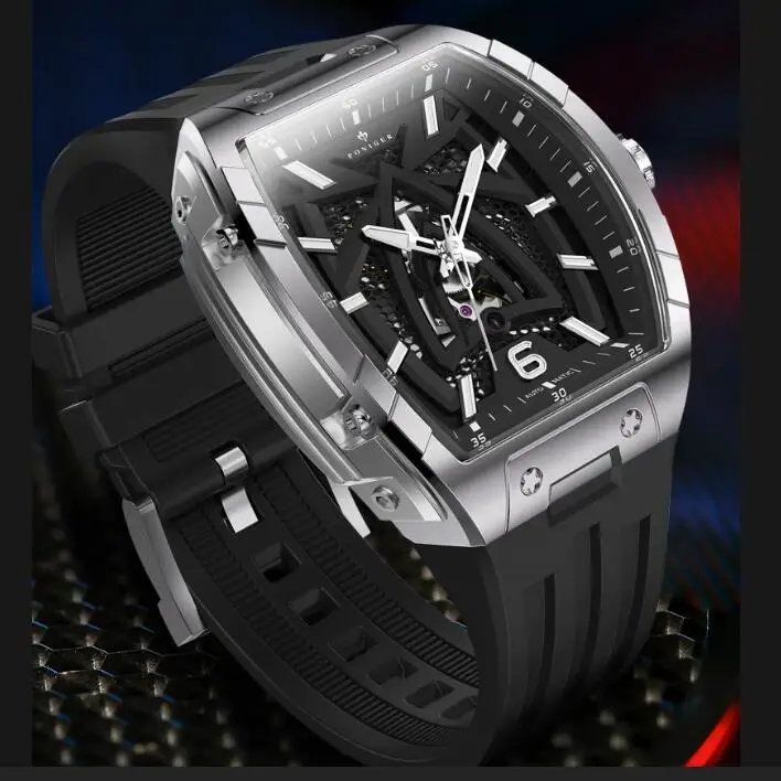 

Мужские автоматические часы PONIGER, 44 мм, роскошные механические наручные часы Tonneau с 24 драгоценными камнями, сапфировый светящийся скелетонный циферблат, резиновый ремешок