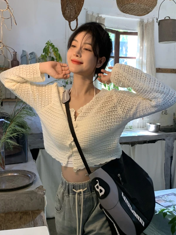 

Blue Lace Hollow out Ice Silk Knitted Cardigan Women's Summer Thin Sun Protection Air Conditioning Outerwear ort Top
