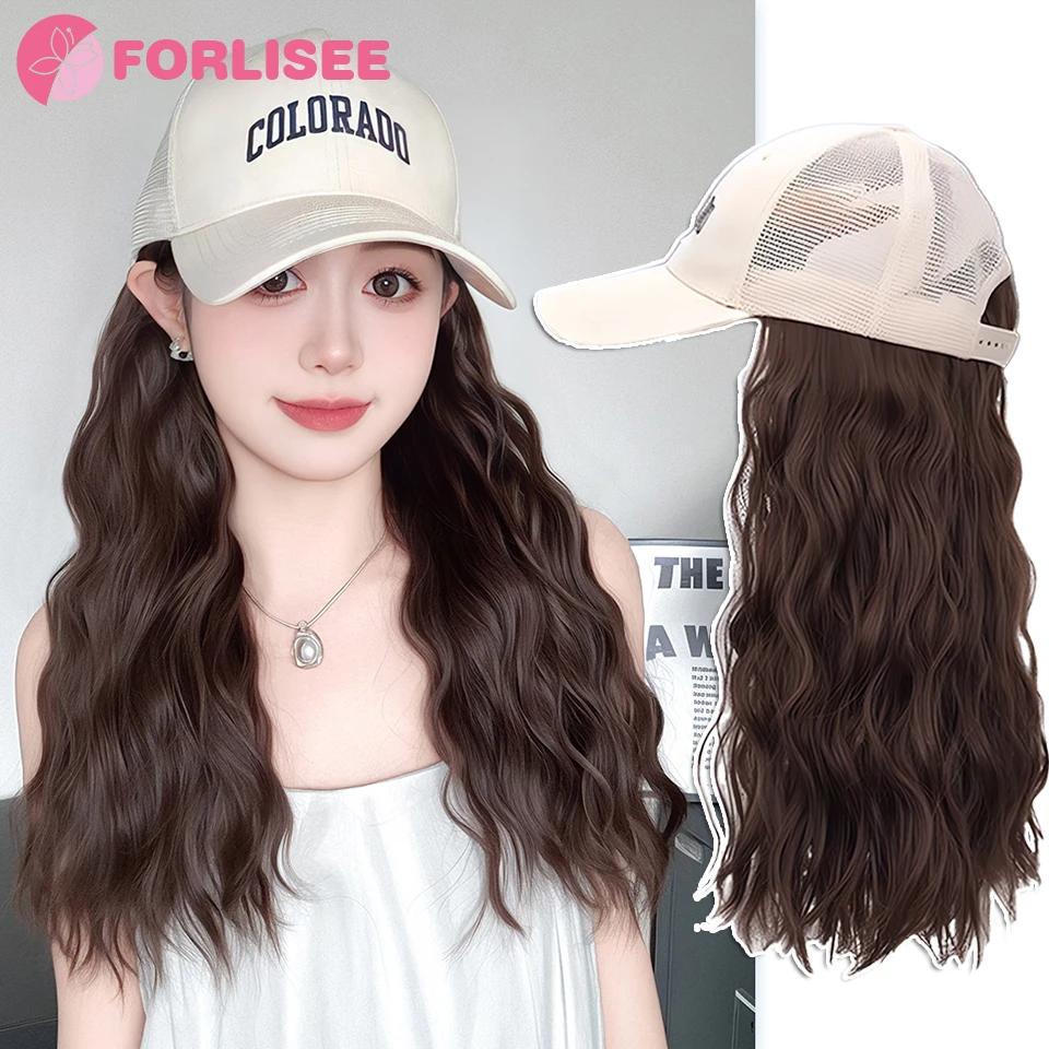 FORLISEE 18Inch Long Curly Synthetic Wig Hollow Baseball Cap Hair Extensions Hat Wigs Cool Brown Adjustable Hairpiece for Women