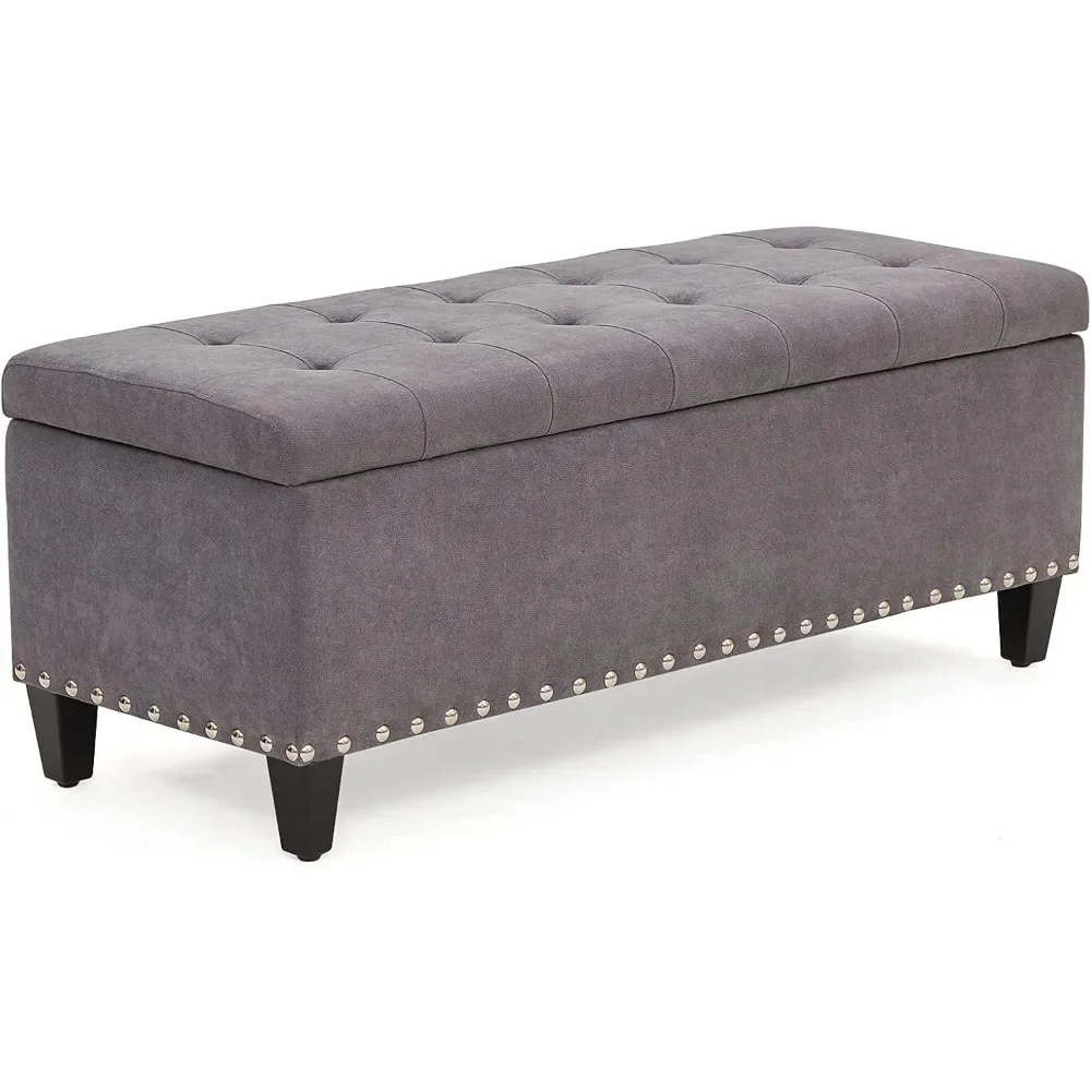 Ottoman with Storage, Upholstered Fabric Storage Ottoman with Safety Hinge, Storage Bench with Button-Tufted, Ottoman Bench