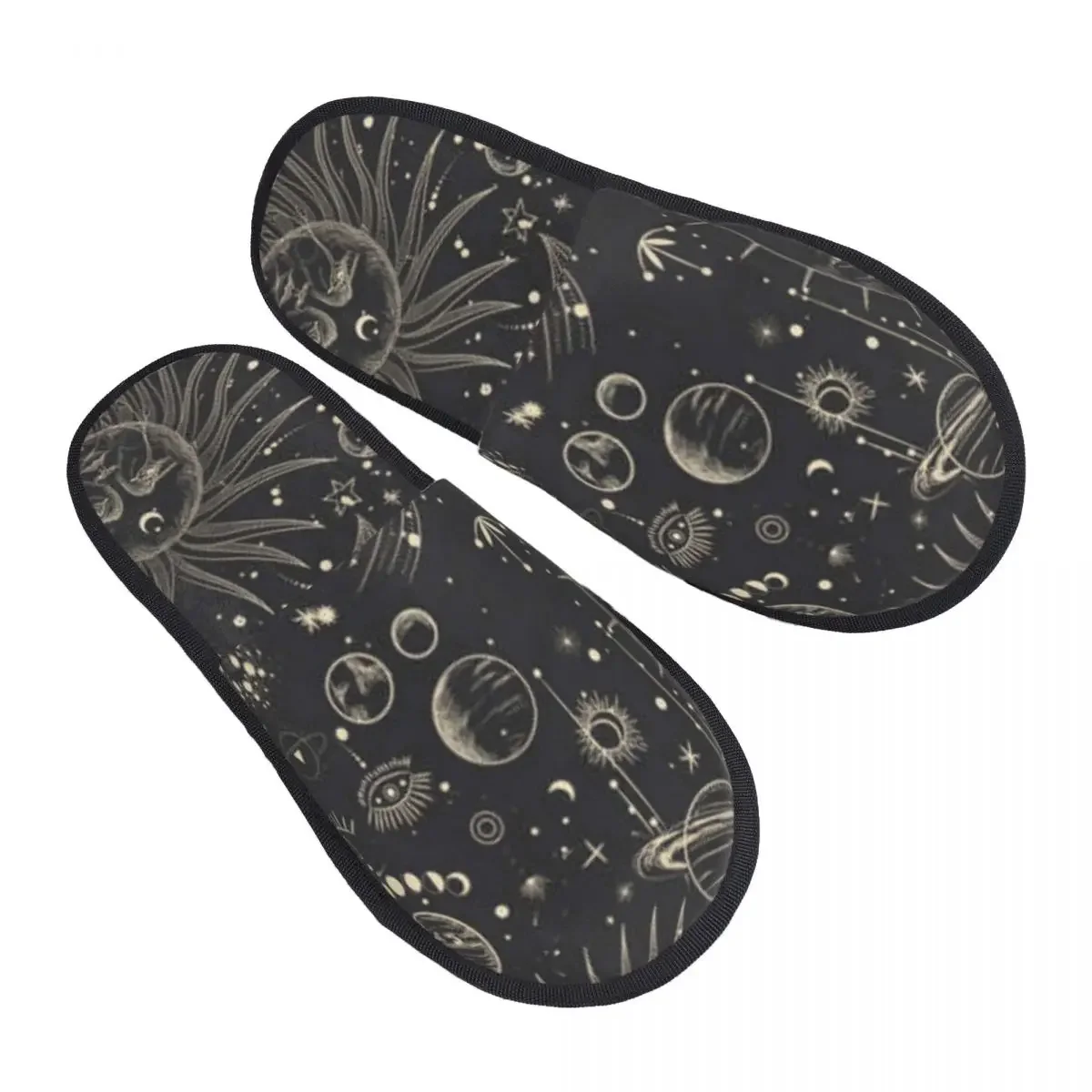 Winter Women Men Non-Slip Flat Slippers Moonlight Pattern Indoor Fur Soft Warm Shoes