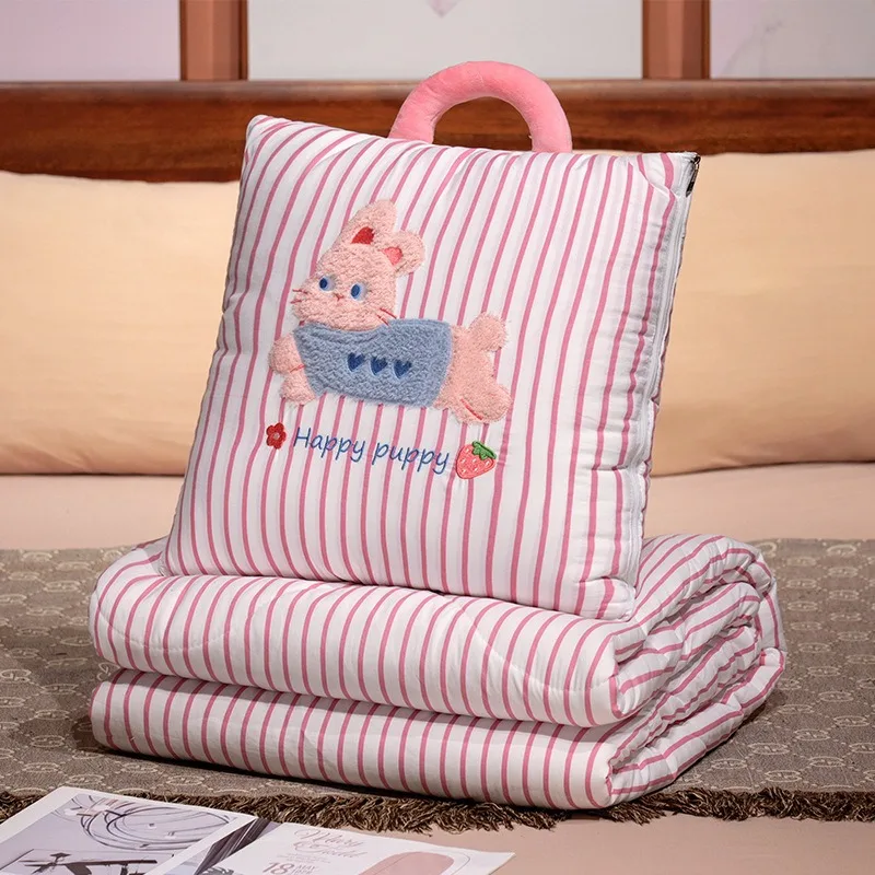 Cartoon Striped Pillow Blanket 2-in-1 Air Conditioner Quilt for Car Soft Breathable Multi-Use Nap Blanket Women Gift - view 6