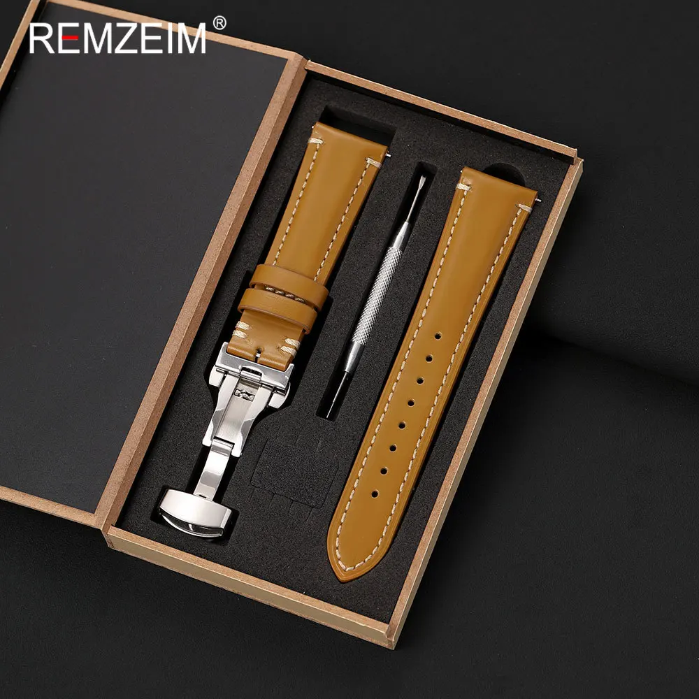 Retro Calfskin Genuine Leather Watchband 20mm 22mm with Quick Release Spring Bar Butterfly Buckle Gift Packing Box Fashion Strap