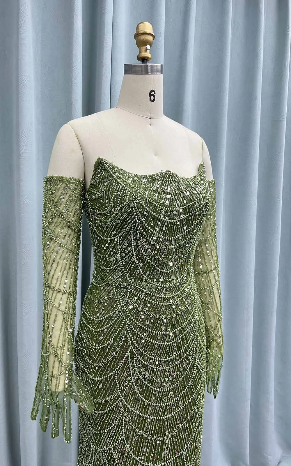 YQLNNE Elegant Greenery Beading Mermaid Long Evening Dresses with Gloves Women Wedding Party Gowns Saudi Arabia