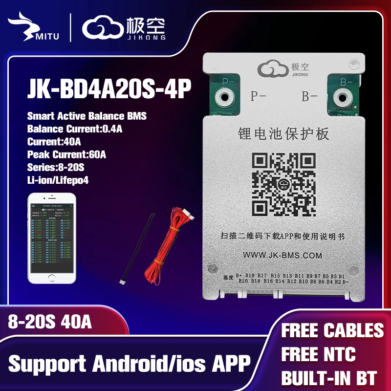 Jk BMS BD4A20S4P 8S 20S 40A 60A 14S 16S 24V 36V 48V 60V 72V Smart Bluetooth Active Balance Lifepo4 Li-Ion Lto Battery