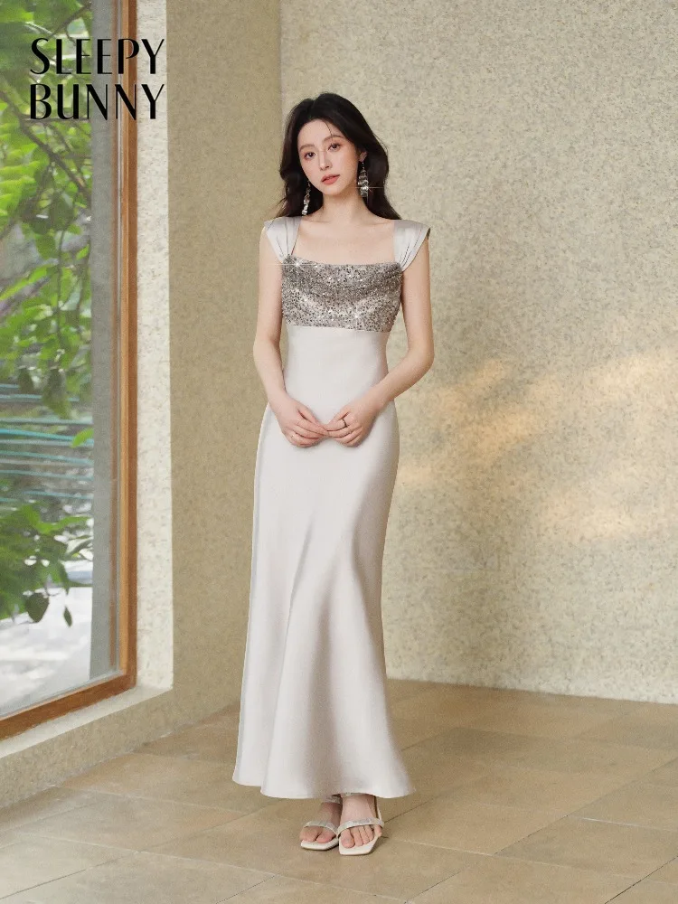 

Women Elegant Pleated Dress Cowl Neck Sequin Dress Spring Slim Fit Draped Fishtail Mermaid Gown Lady Evening Party New Arrival