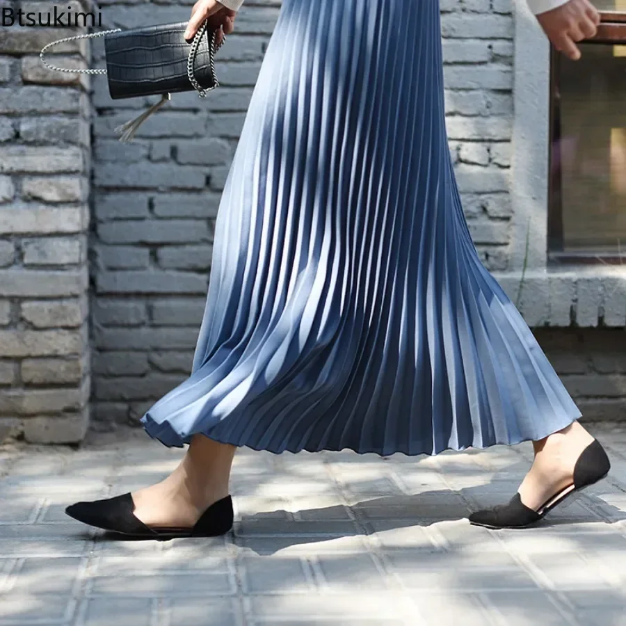 New 2024 Women's Fashion Solid Pleated Skirts Elegant All-match Velvet Half Skirts Ladies Elastic High Waist Classic Maxi Skirts