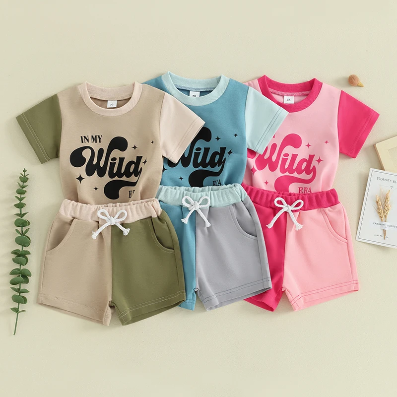 

Toddler Boys Summer Outfits Letter Print Contrast Color Short Sleeve T-Shirts Tops and Elastic Waist Shorts 2Pcs Clothes Sets