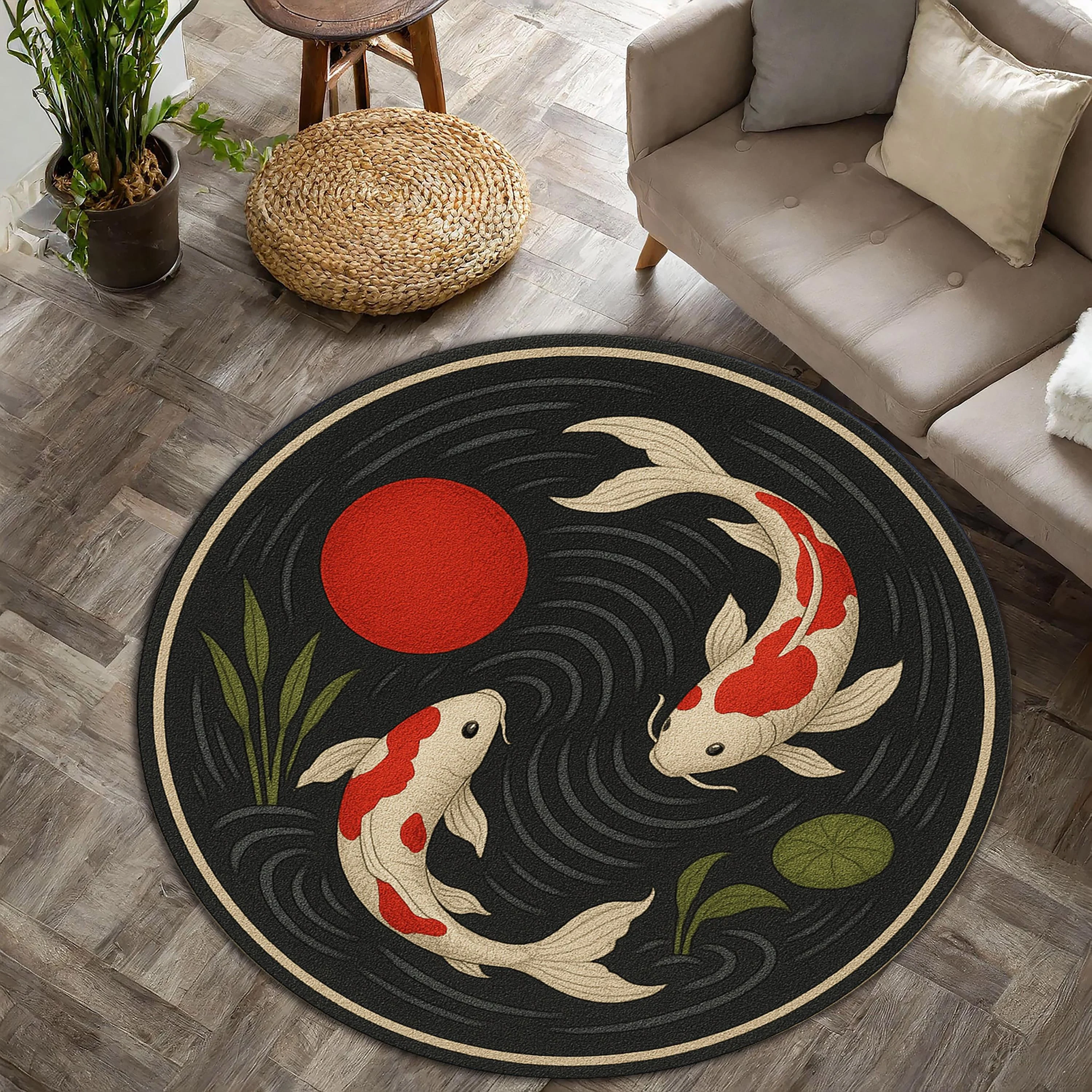1 Stück Retro japanischer Koi-Muster runder Teppich, rutschfeste Bodenmatte für Wohnzimmer, Schlafzimmer, Badezimmer, Ferienhaus-Dekoration