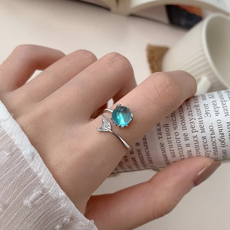 New Arrival Creative Mermaid 925 Sterling Silver Jewelry Personality Crystal Ball Fish Tail Opening Rings R163
