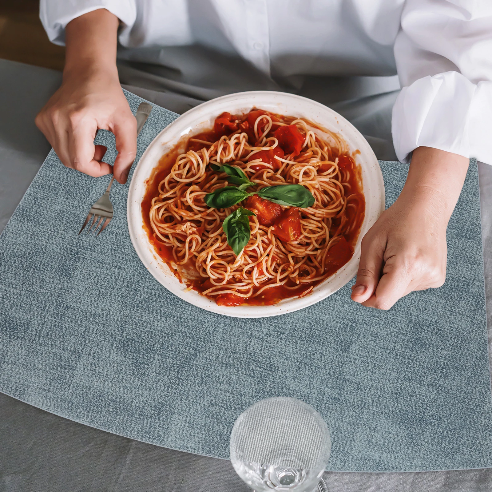 

New Fan Shaped Placemat Double Sided Oil Proof Water Resistant Table Mats Gray Blue Simple Style Elegant Color Fit