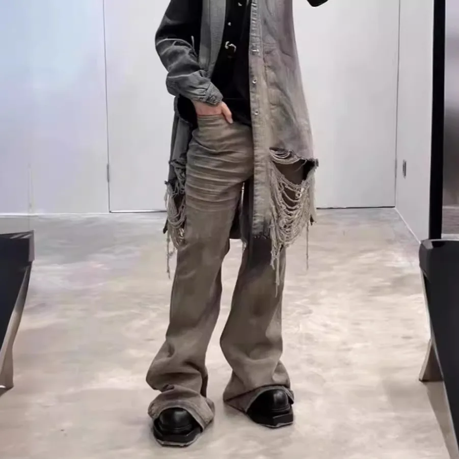 

Rick Ro Vintage Desert Color Washed Denim Wide Leg Pants Slim Fit Floor-Hugging Wrinkled Cat Tail Dusty Cowboy Jeans