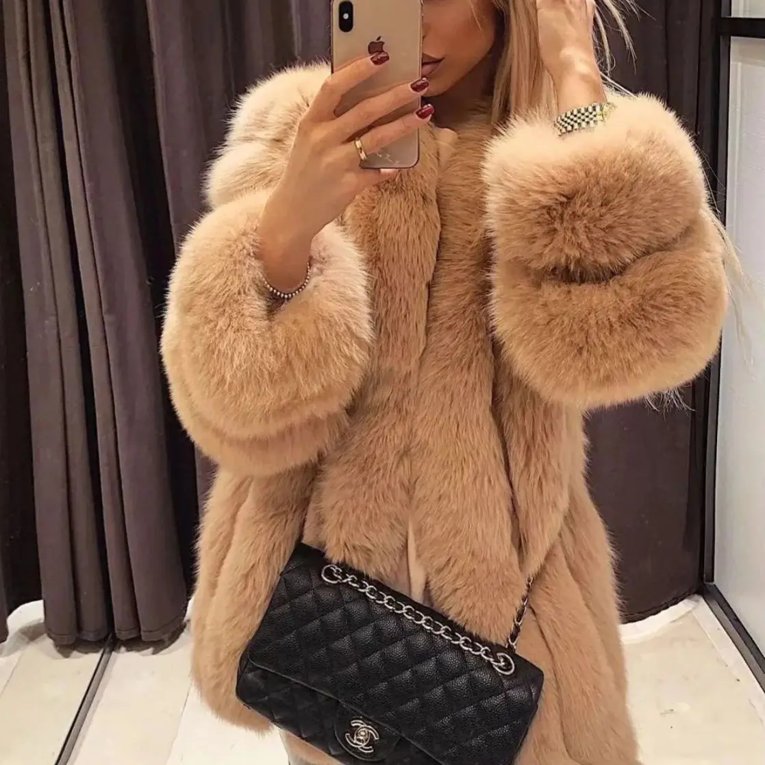 2024Natural Real Fox Fur Coat For Women's Warm Winter Jacket Vest Luxury Long Furry Fur Coat Big Size Clothes For Women10XLBlack